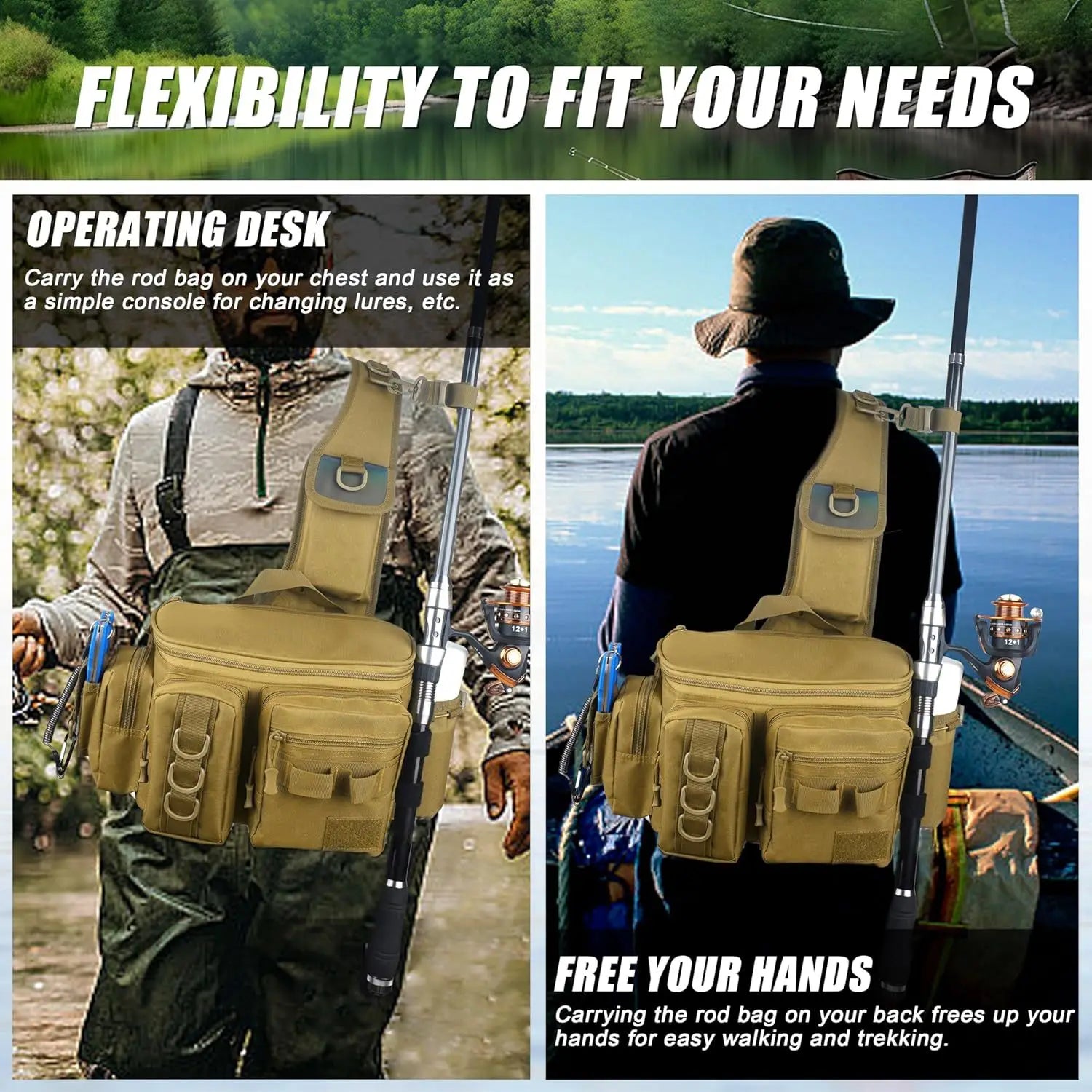 New Fishing Tackle Backpack Lure Box Gear Storage Bag Fanny Pack for Men Fly Fishing Backpack with Rod Holder Sling Shoulder Bag