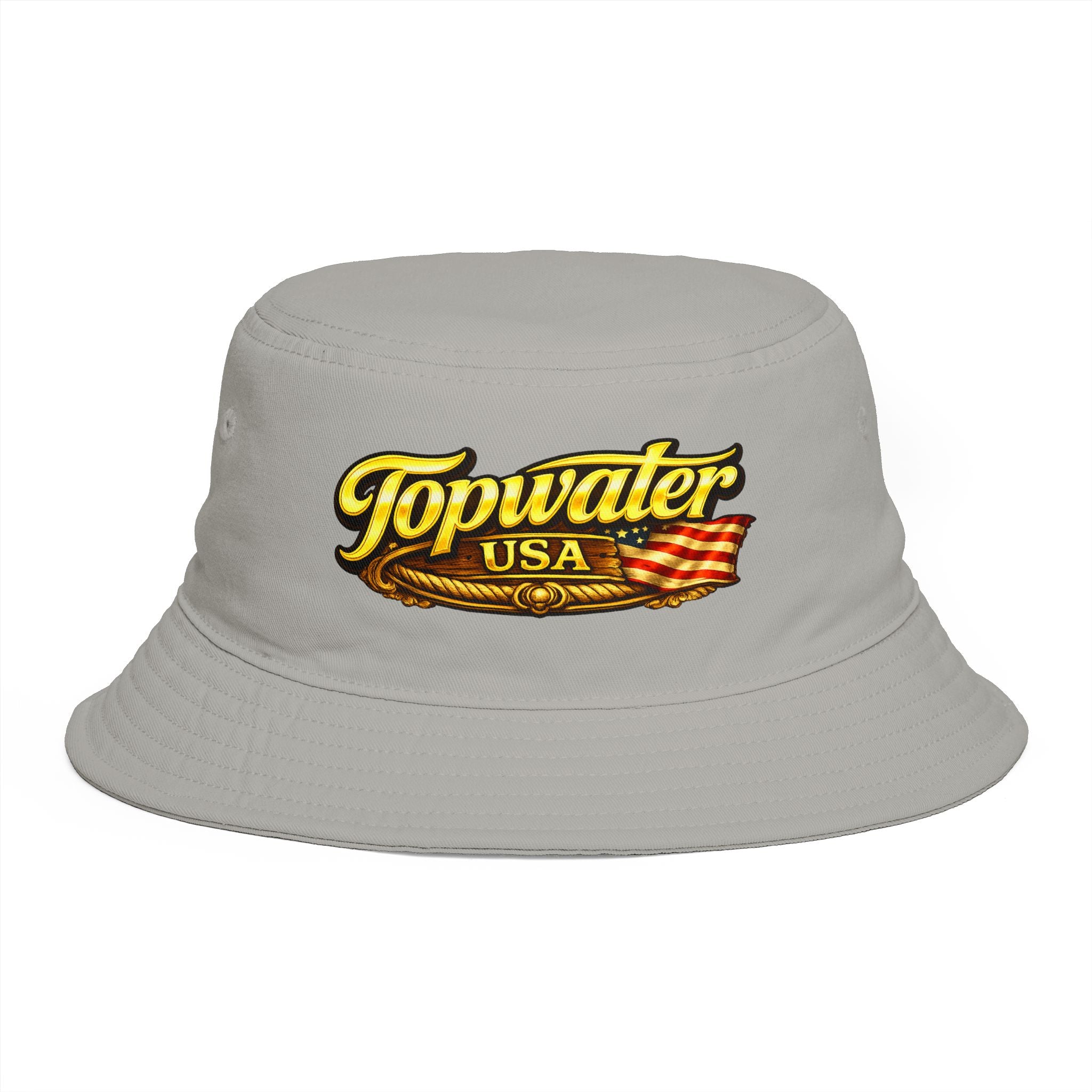 Topwater USA Bucket Hat — Retro Fishing Logo with American Flag
