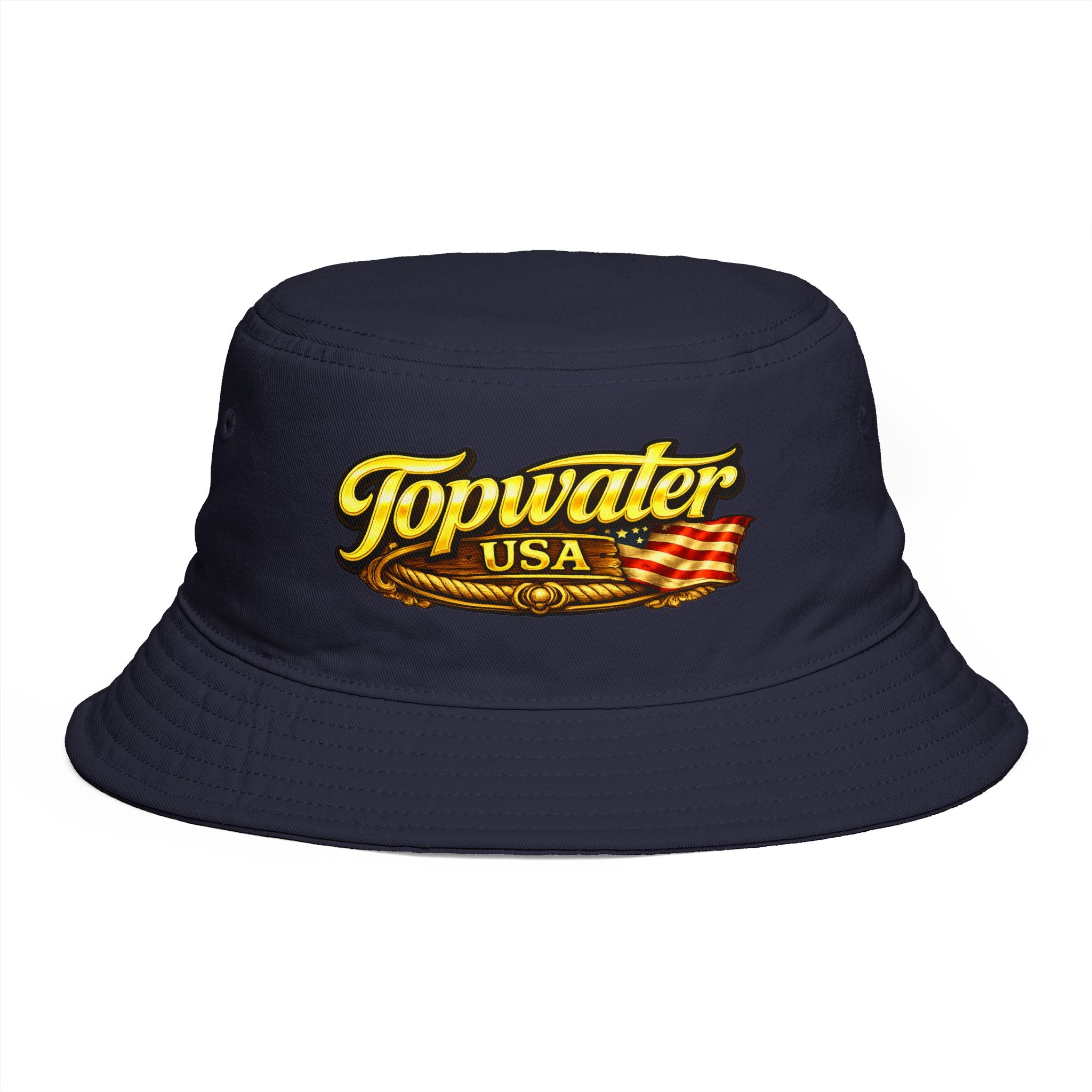 Topwater USA Bucket Hat — Retro Fishing Logo with American Flag