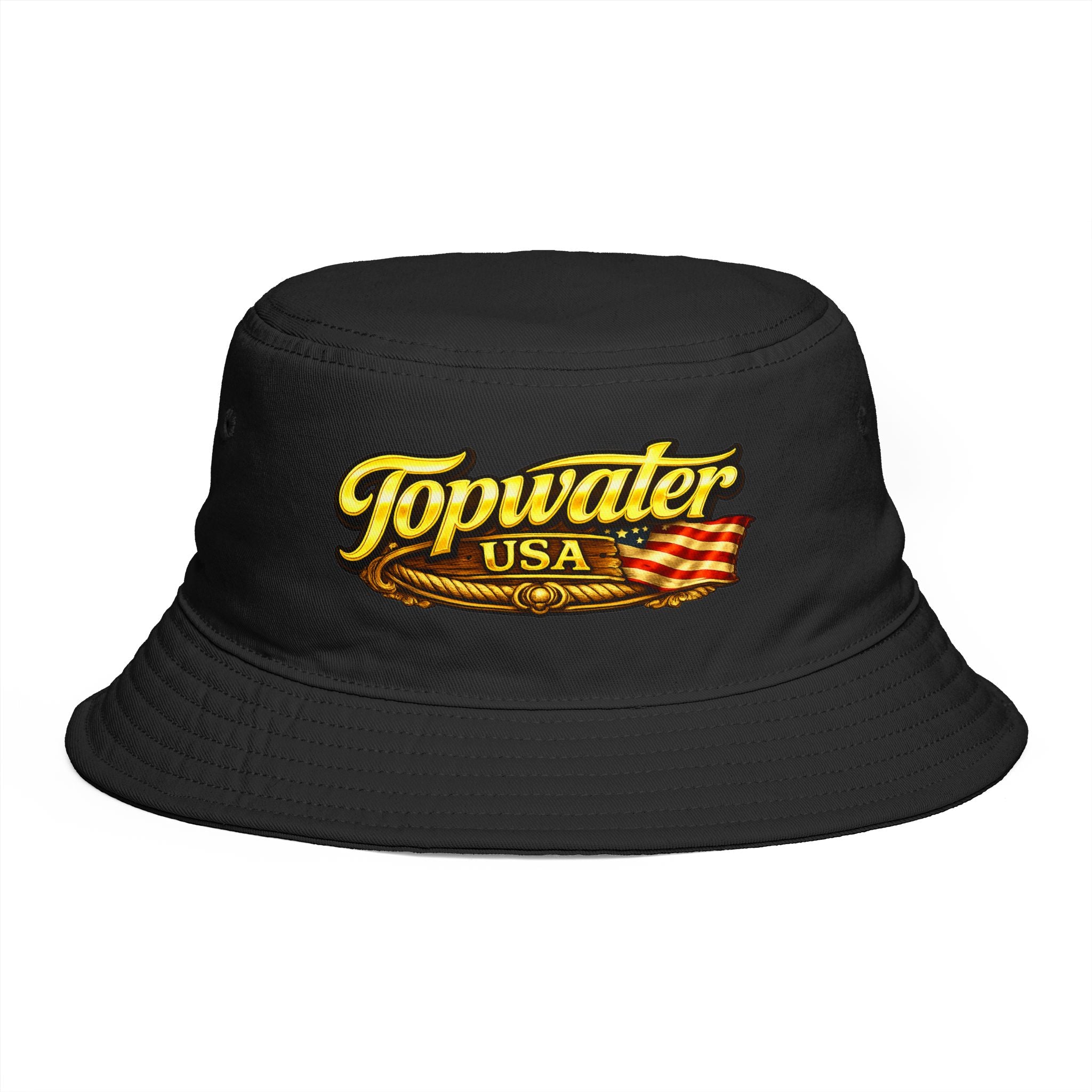 Topwater USA Bucket Hat — Retro Fishing Logo with American Flag
