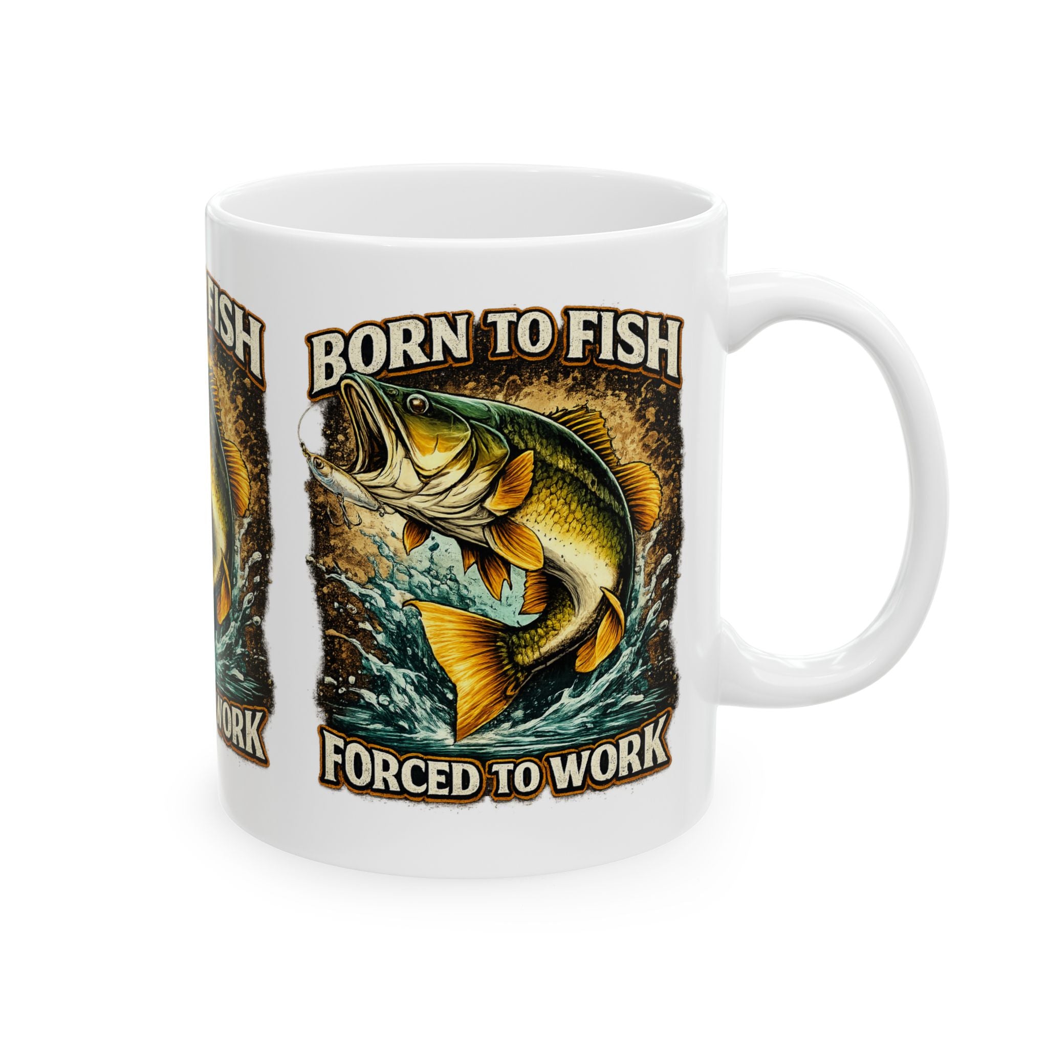 Fishing Coffee Mug - "Born to Fish Forced to Work" Ceramic Mug (11oz & 15oz)