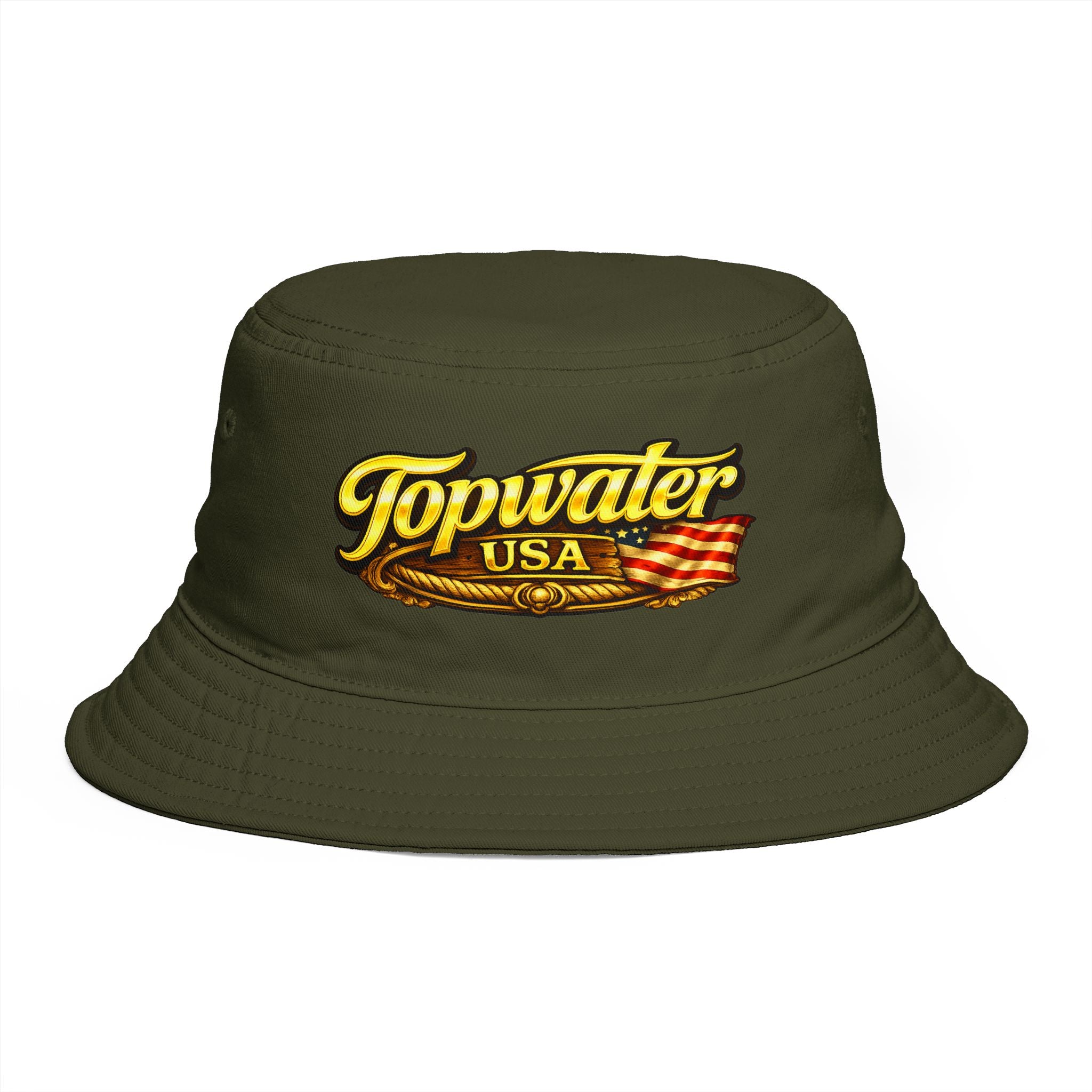Topwater USA Bucket Hat — Retro Fishing Logo with American Flag