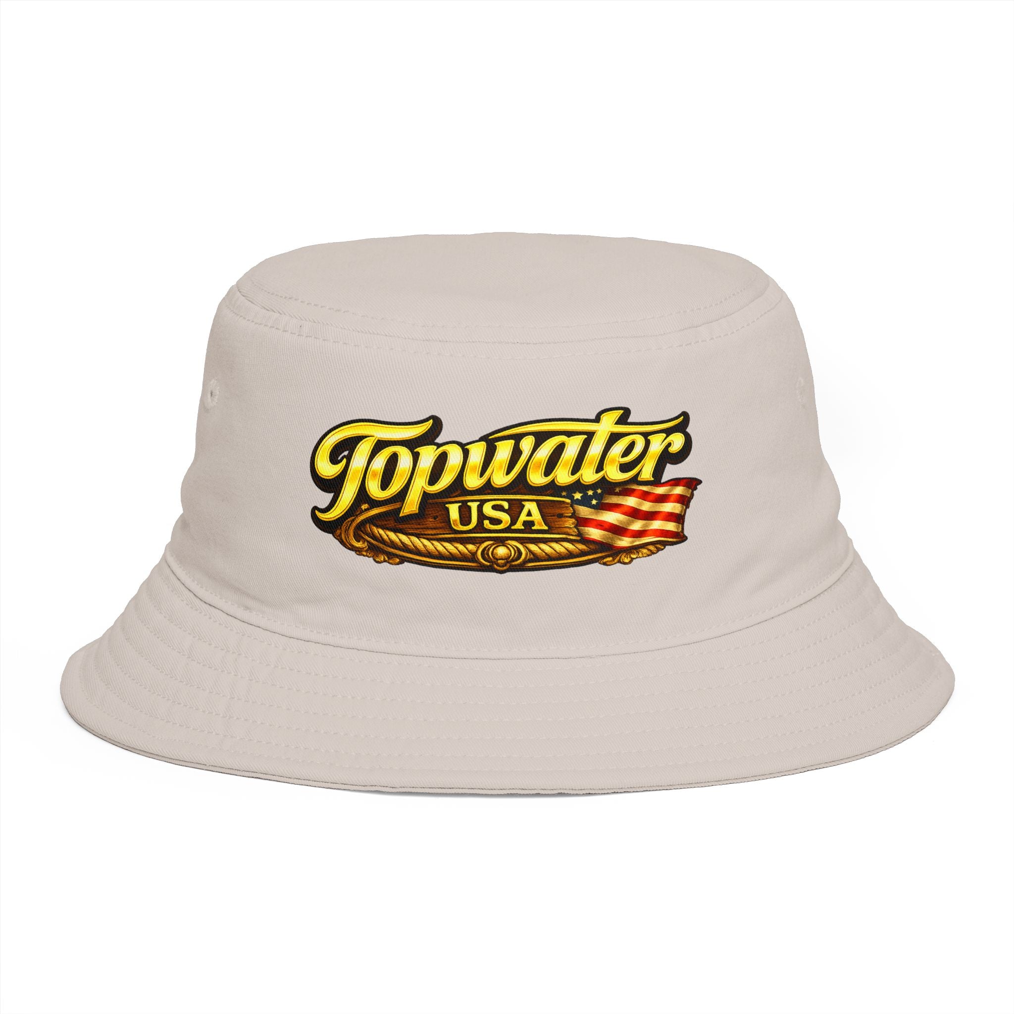 Topwater USA Bucket Hat — Retro Fishing Logo with American Flag