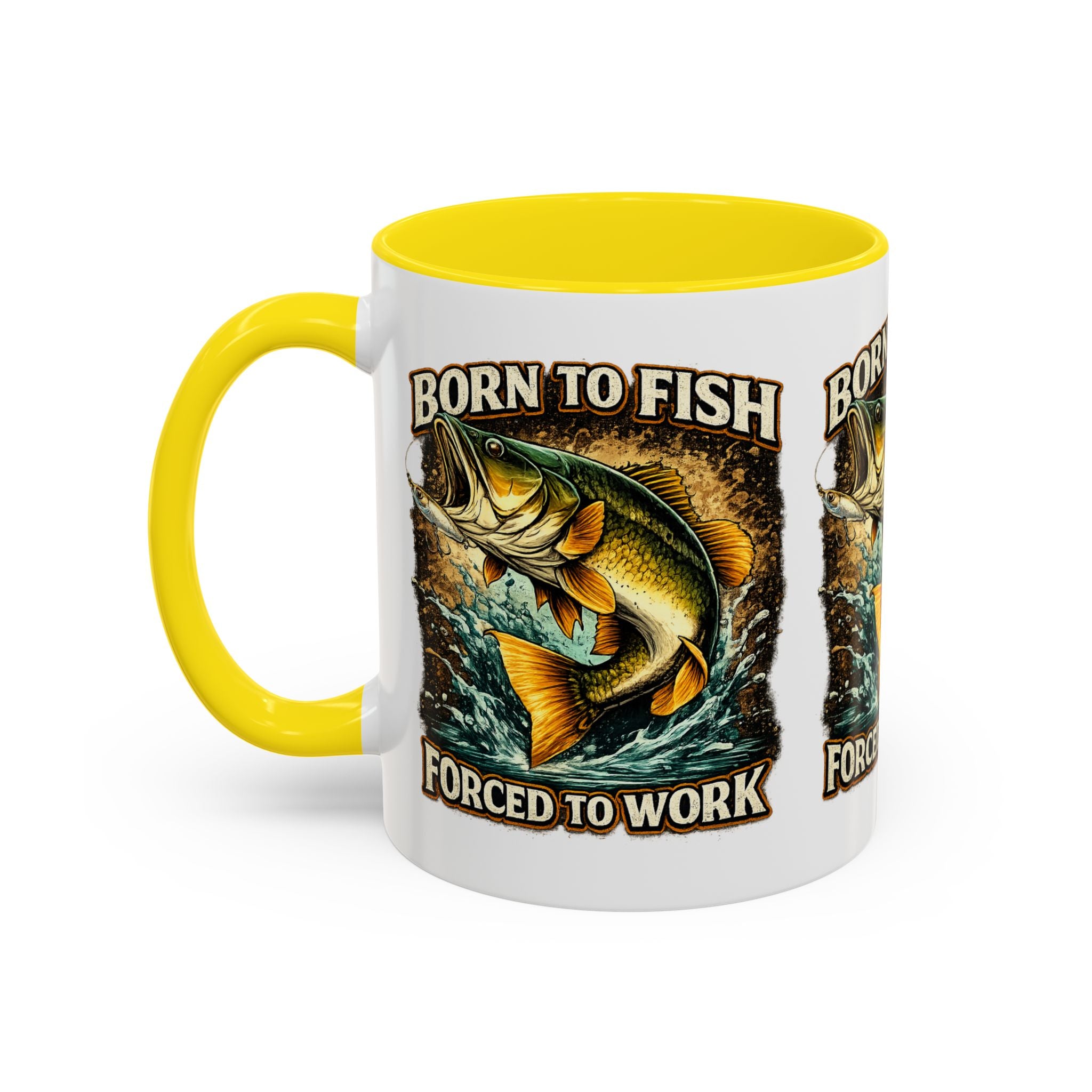 Born to Fish Accent Coffee Mug — “Born to Fish, Forced to Work” Fishing Mug