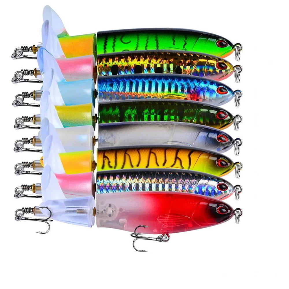 1pcs 10cm 14cm Topwater Spinner Fishing Lure Popper Artificial Pencil Hard Bait Propeller Rotating Tail Fishing Tackle Swimbait
