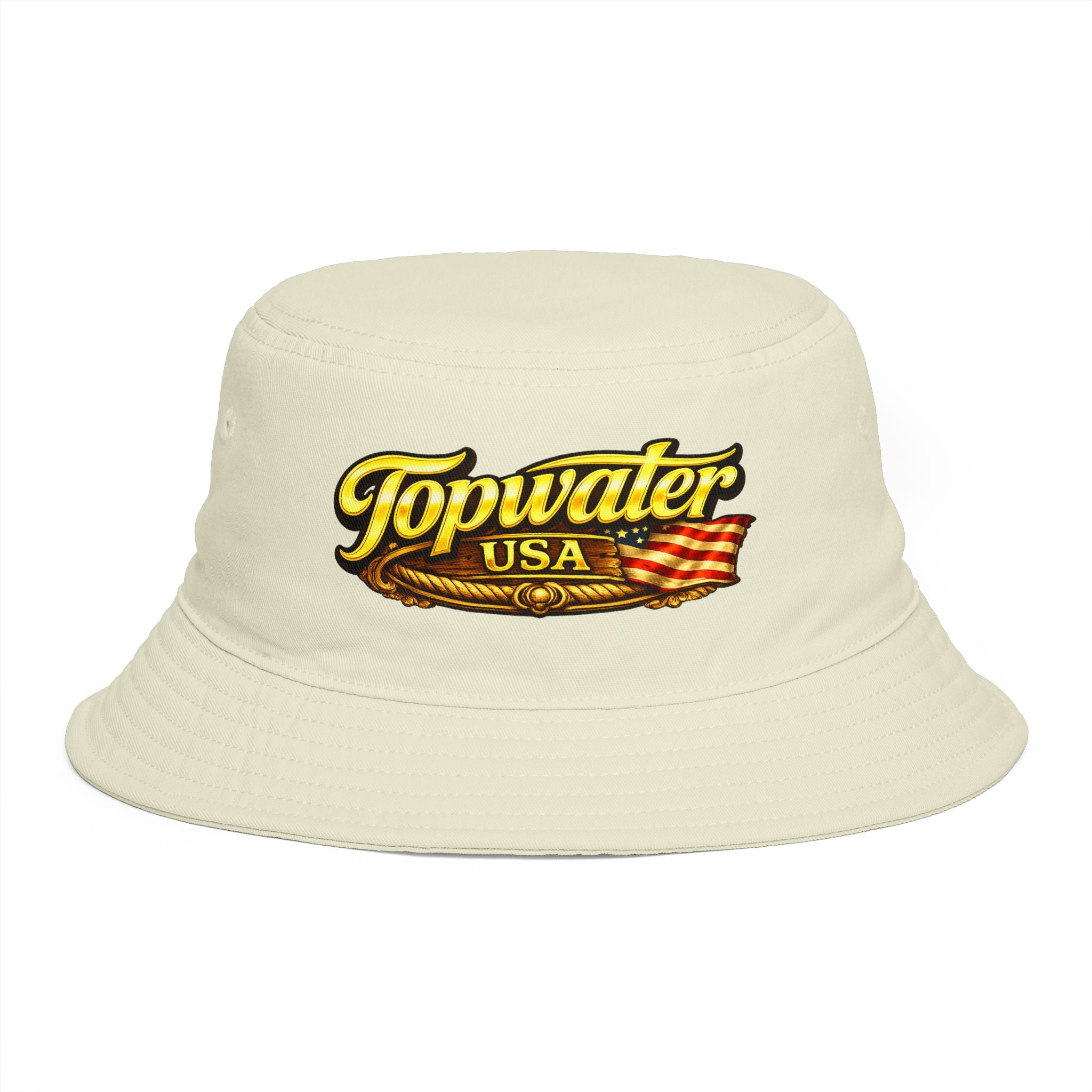Topwater USA Bucket Hat — Retro Fishing Logo with American Flag
