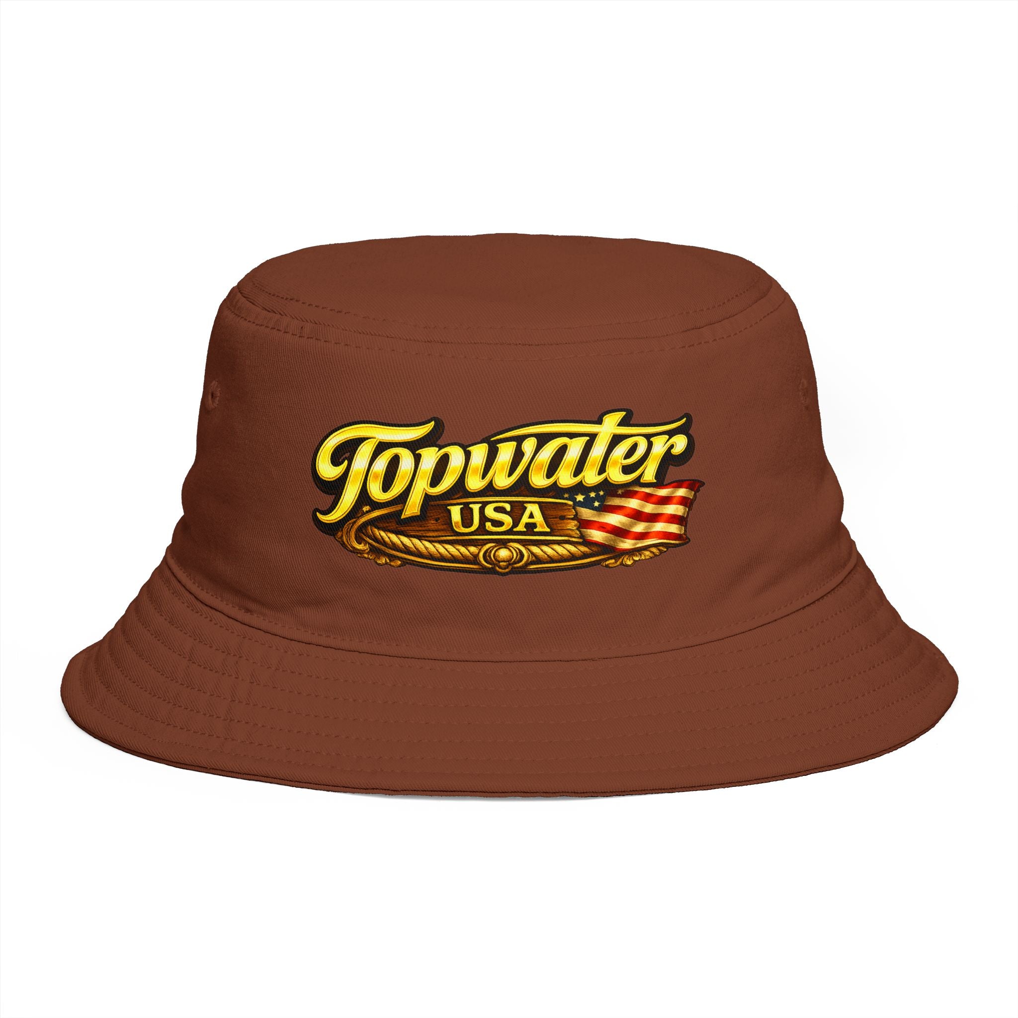 Topwater USA Bucket Hat — Retro Fishing Logo with American Flag