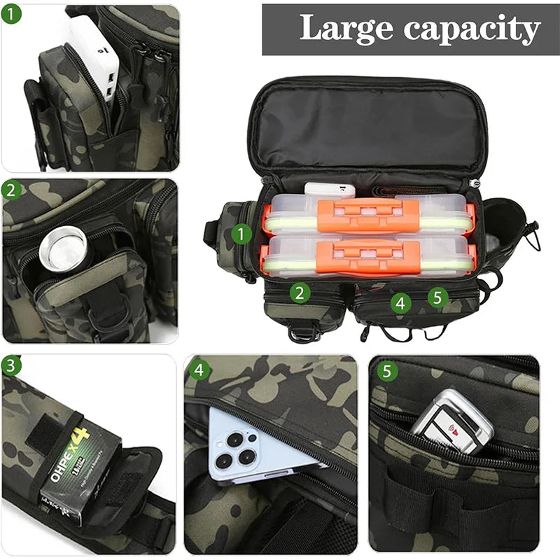New Fishing Tackle Backpack Lure Box Gear Storage Bag Fanny Pack for Men Fly Fishing Backpack with Rod Holder Sling Shoulder Bag