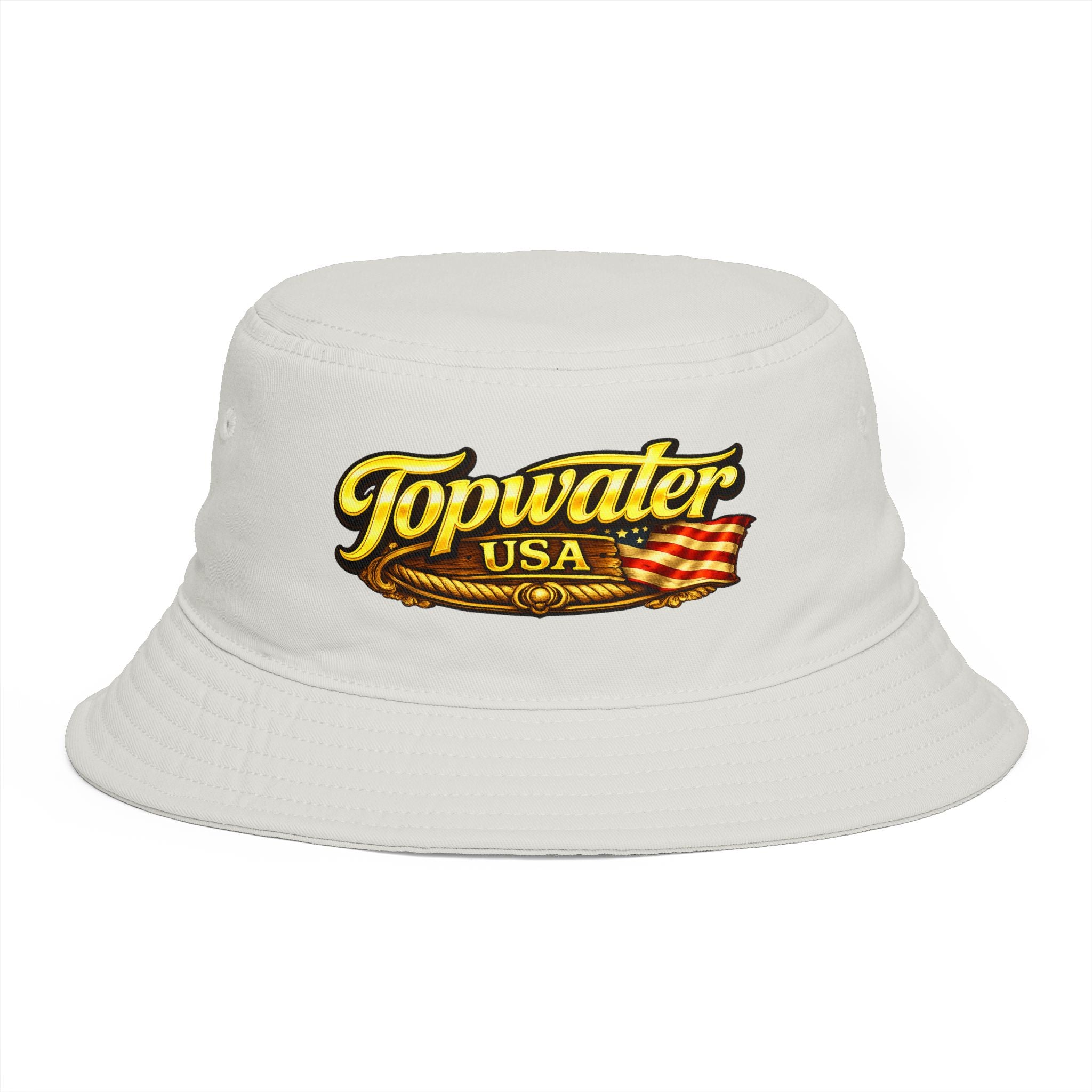 Topwater USA Bucket Hat — Retro Fishing Logo with American Flag
